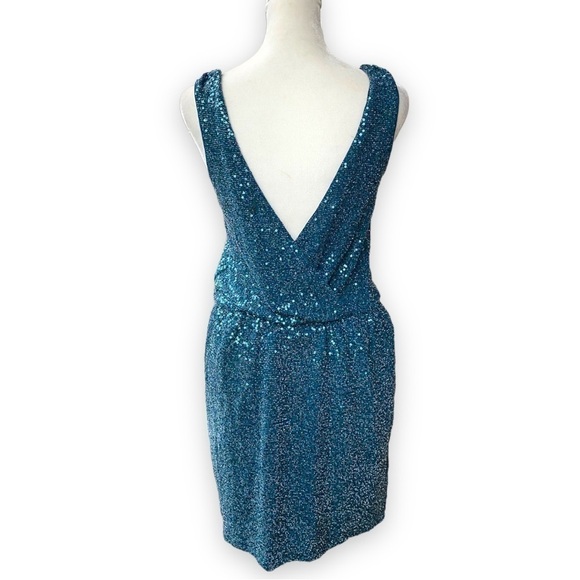𝅺EXPRESS Teal Sequin Low Surplice Back Cocktail Mini Dress - Picture 5 of 14
